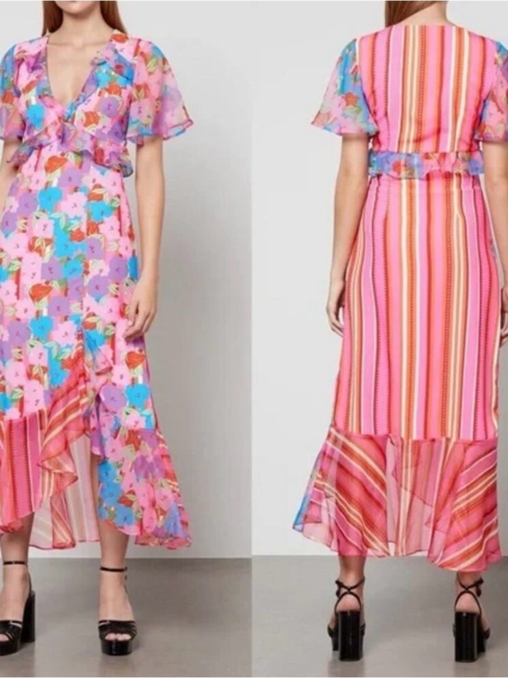 NEVER FULLY DRESSED | Saski Bold Pink Floral Ruffle Hem Midi Dress | Size 6